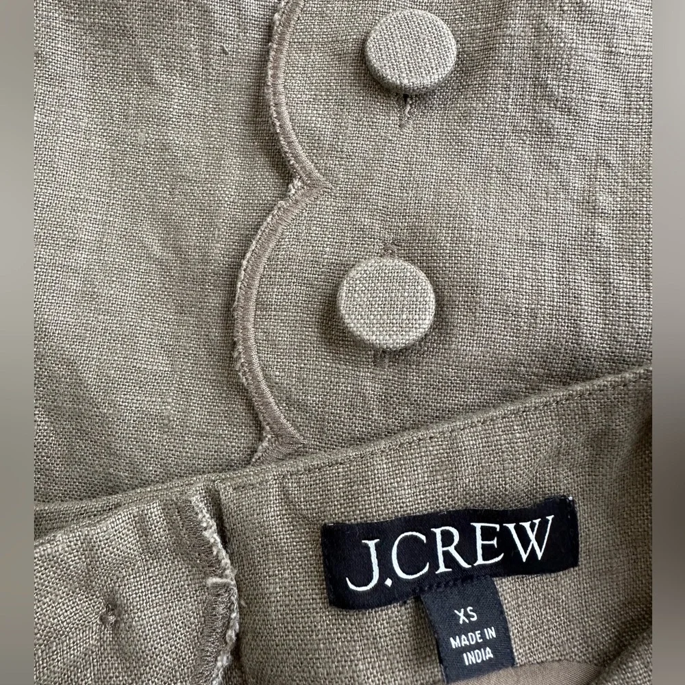 Feminine Minimalist Linen Scalloped Button-Back Neutral Tan Khaki Shift Dress~XS